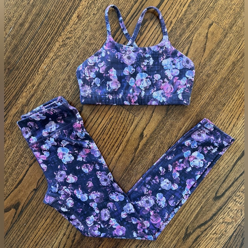 Bundle of Athleta Girl Dappled Bloom Purple Chit Chat Tights & Matching Bra